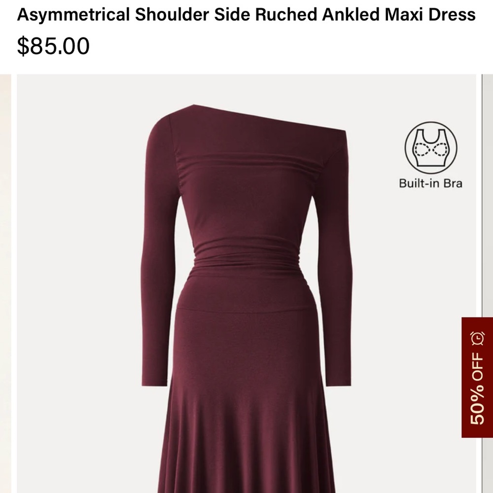 OGL LiteWarm Asymmetrical Shoulder Side Ruched Ankled Maxi Dress - Ruby - Picture 2 of 5